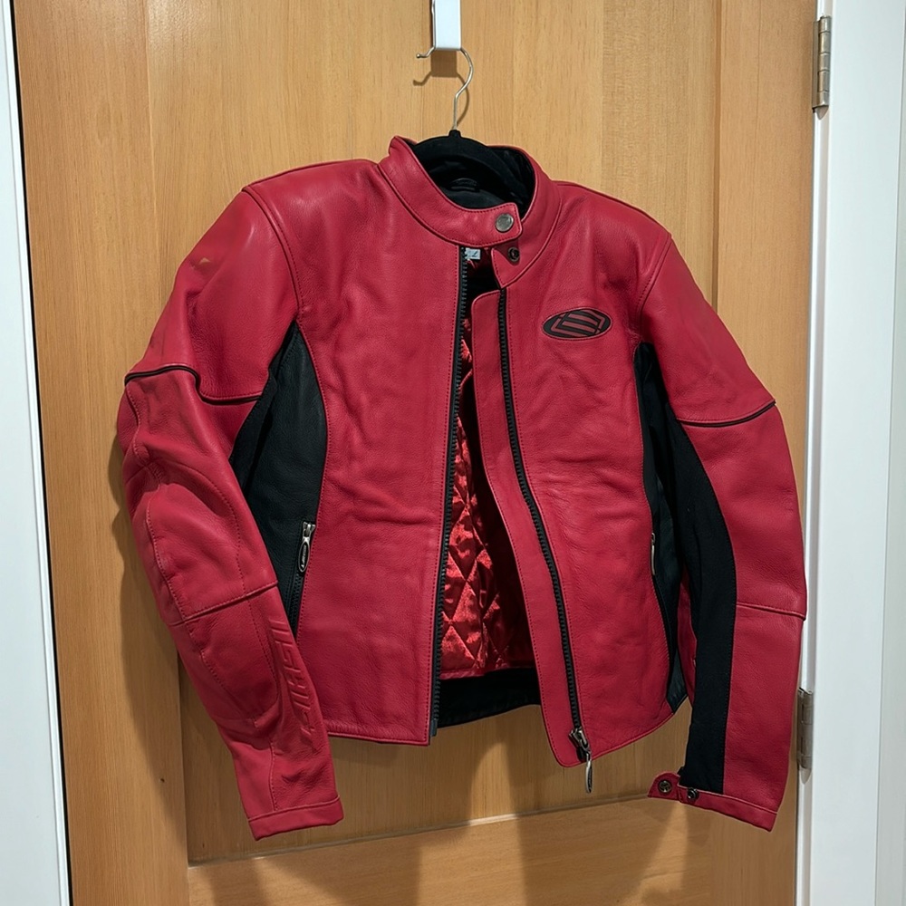 Red leather Shift brand motorcycle jacket, size L